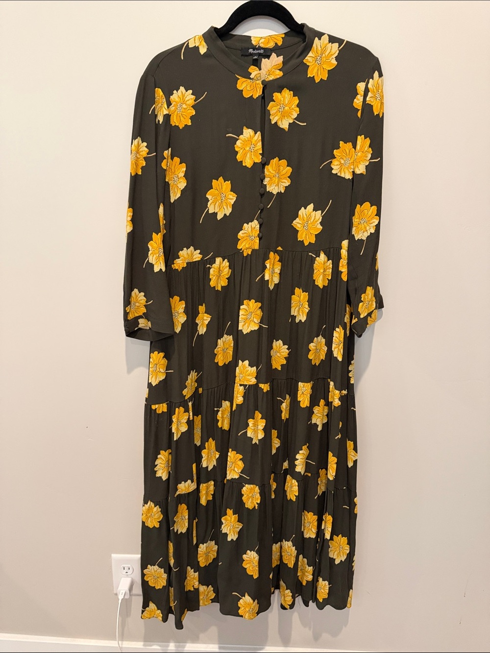 Madewell Olive Maxi Dress with Yellow Floral Pattern